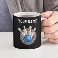 Blue Flame Bowling Ball and Pins Design Ceramic Mug with Smoke Effects and Custom Team Name Text - Wonder Print Shop