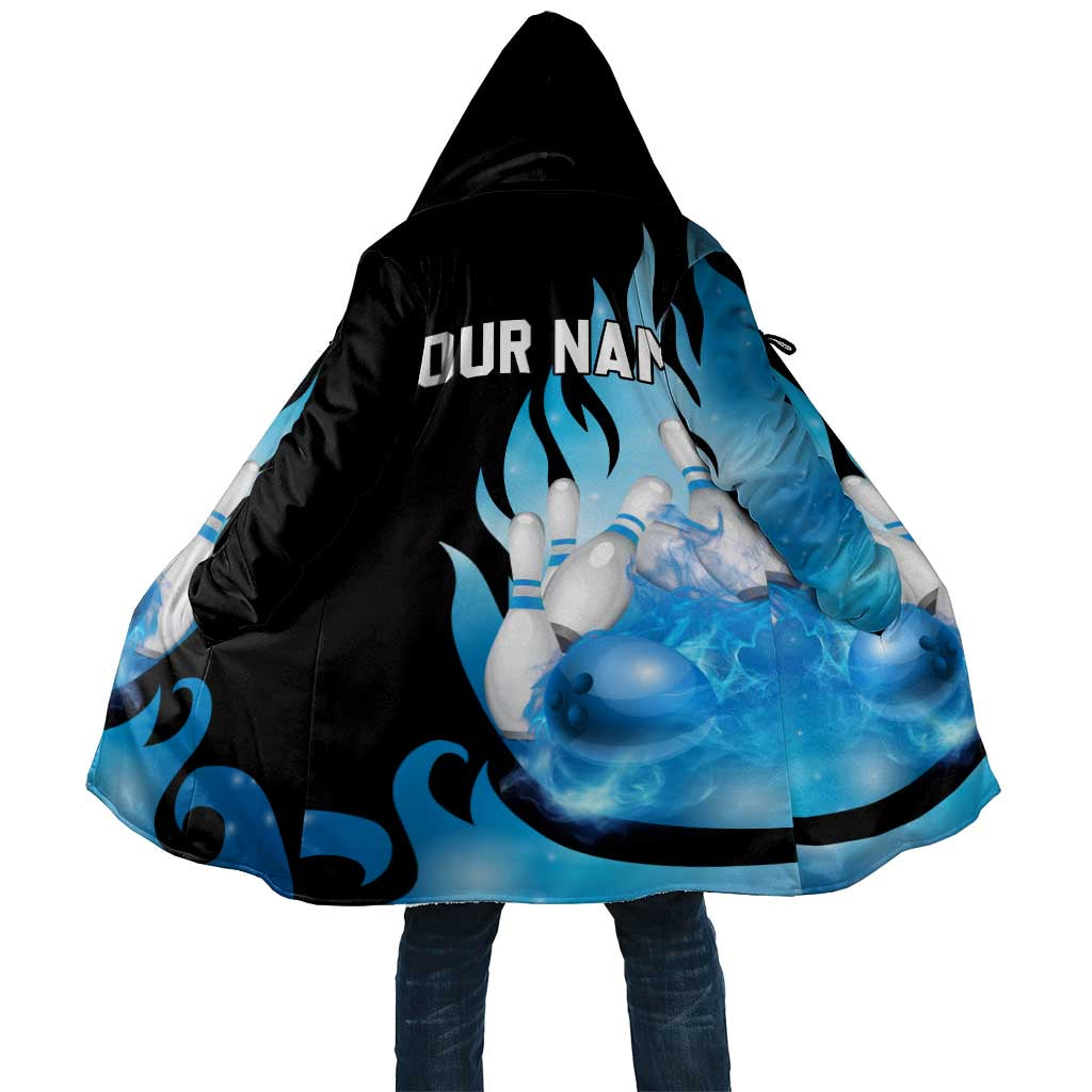 Blue Flame Bowling Ball and Pins Design Cloak with Smoke Effects and Custom Team Name Text - Wonder Print Shop