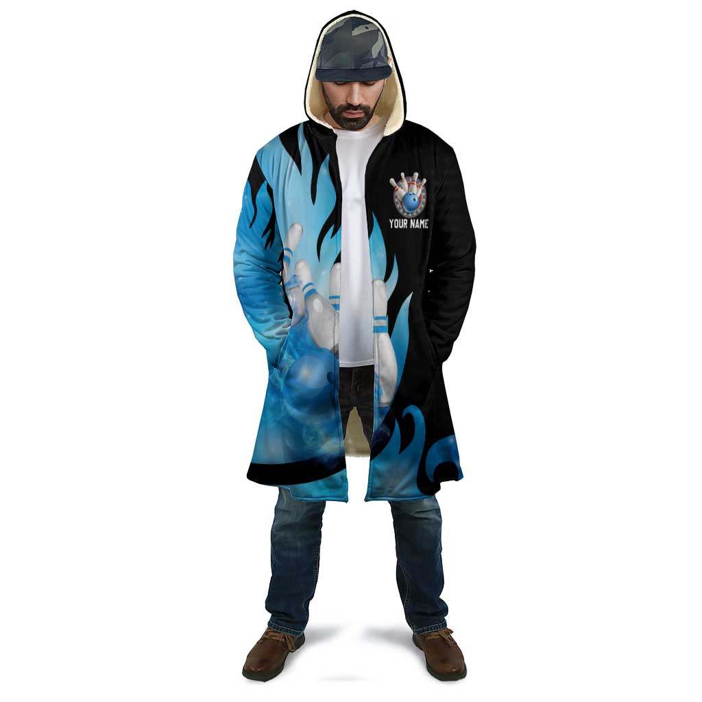 Blue Flame Bowling Ball and Pins Design Cloak with Smoke Effects and Custom Team Name Text - Wonder Print Shop