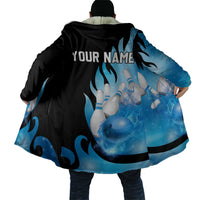Blue Flame Bowling Ball and Pins Design Cloak with Smoke Effects and Custom Team Name Text - Wonder Print Shop