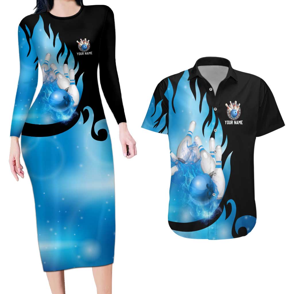 Blue Flame Bowling Ball and Pins Design Couples Matching Long Sleeve Bodycon Dress and Hawaiian Shirt with Smoke Effects and Custom Team Name Text - Wonder Print Shop