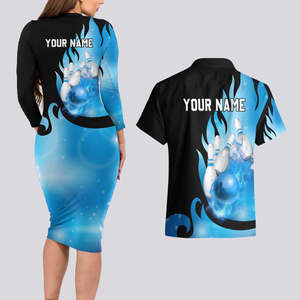 Blue Flame Bowling Ball and Pins Design Couples Matching Long Sleeve Bodycon Dress and Hawaiian Shirt with Smoke Effects and Custom Team Name Text - Wonder Print Shop