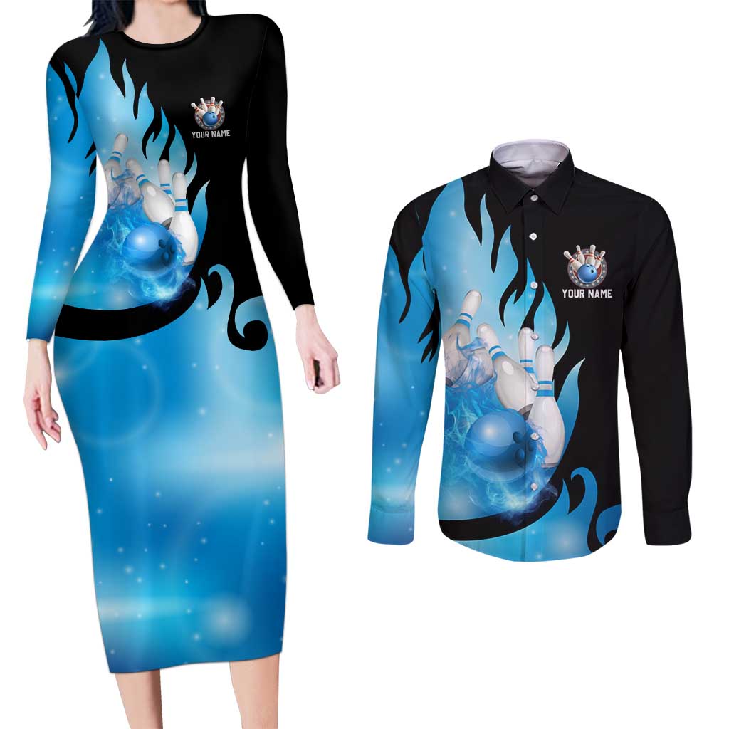 Blue Flame Bowling Ball and Pins Design Couples Matching Long Sleeve Bodycon Dress and Long Sleeve Button Shirt with Smoke Effects and Custom Team Name Text - Wonder Print Shop