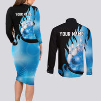 Blue Flame Bowling Ball and Pins Design Couples Matching Long Sleeve Bodycon Dress and Long Sleeve Button Shirt with Smoke Effects and Custom Team Name Text - Wonder Print Shop
