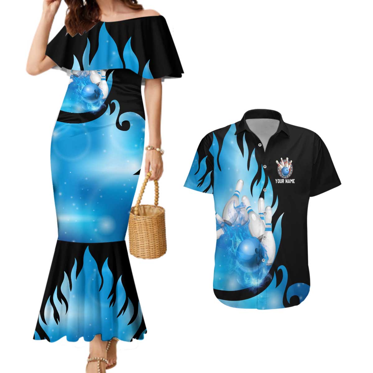 Blue Flame Bowling Ball and Pins Design Couples Matching Mermaid Dress and Hawaiian Shirt with Smoke Effects and Custom Team Name Text - Wonder Print Shop