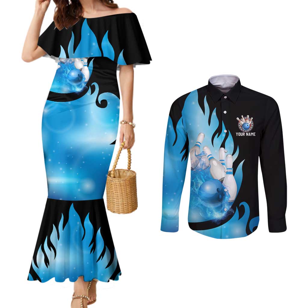 Blue Flame Bowling Ball and Pins Design Couples Matching Mermaid Dress and Long Sleeve Button Shirt with Smoke Effects and Custom Team Name Text - Wonder Print Shop