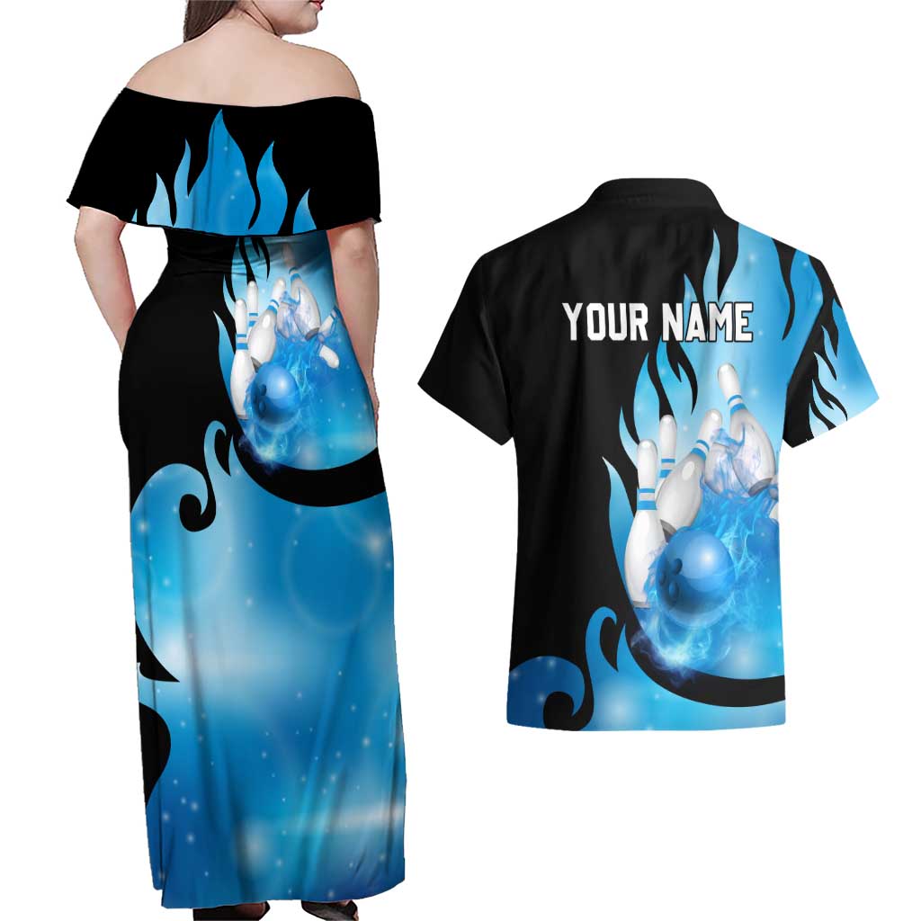 Blue Flame Bowling Ball and Pins Design Couples Matching Off Shoulder Maxi Dress and Hawaiian Shirt with Smoke Effects and Custom Team Name Text - Wonder Print Shop