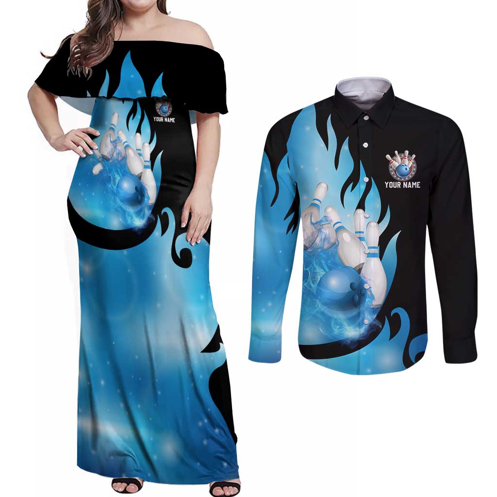 Blue Flame Bowling Ball and Pins Design Couples Matching Off Shoulder Maxi Dress and Long Sleeve Button Shirt with Smoke Effects and Custom Team Name Text - Wonder Print Shop