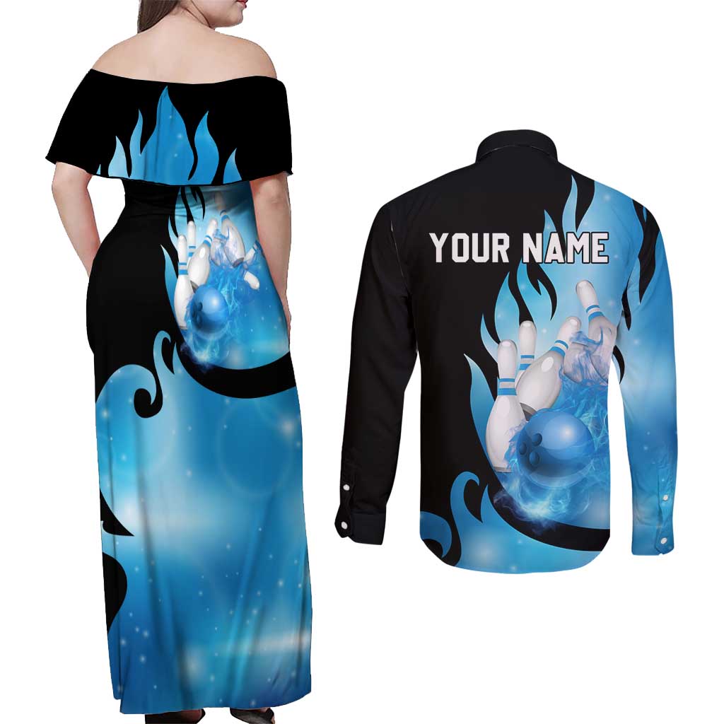 Blue Flame Bowling Ball and Pins Design Couples Matching Off Shoulder Maxi Dress and Long Sleeve Button Shirt with Smoke Effects and Custom Team Name Text - Wonder Print Shop