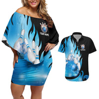 Blue Flame Bowling Ball and Pins Design Couples Matching Off Shoulder Short Dress and Hawaiian Shirt with Smoke Effects and Custom Team Name Text - Wonder Print Shop