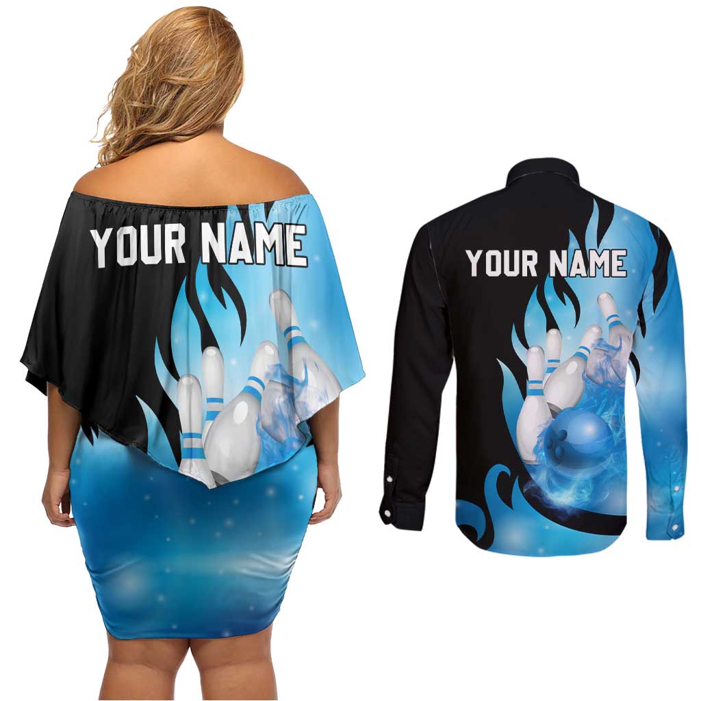 Blue Flame Bowling Ball and Pins Design Couples Matching Off Shoulder Short Dress and Long Sleeve Button Shirt with Smoke Effects and Custom Team Name Text - Wonder Print Shop