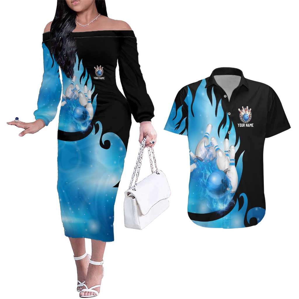 Blue Flame Bowling Ball and Pins Design Couples Matching Off The Shoulder Long Sleeve Dress and Hawaiian Shirt with Smoke Effects and Custom Team Name Text - Wonder Print Shop