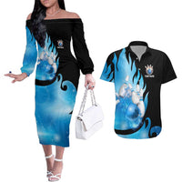 Blue Flame Bowling Ball and Pins Design Couples Matching Off The Shoulder Long Sleeve Dress and Hawaiian Shirt with Smoke Effects and Custom Team Name Text - Wonder Print Shop
