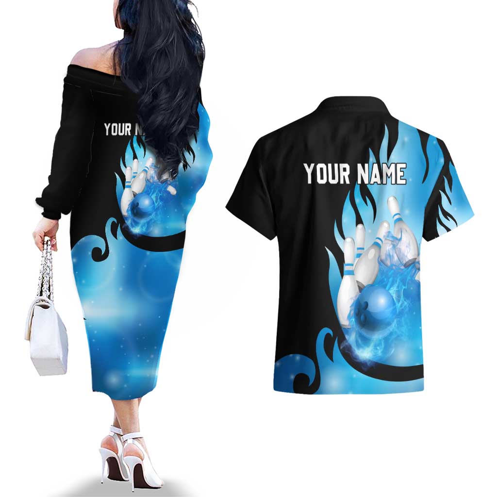Blue Flame Bowling Ball and Pins Design Couples Matching Off The Shoulder Long Sleeve Dress and Hawaiian Shirt with Smoke Effects and Custom Team Name Text - Wonder Print Shop