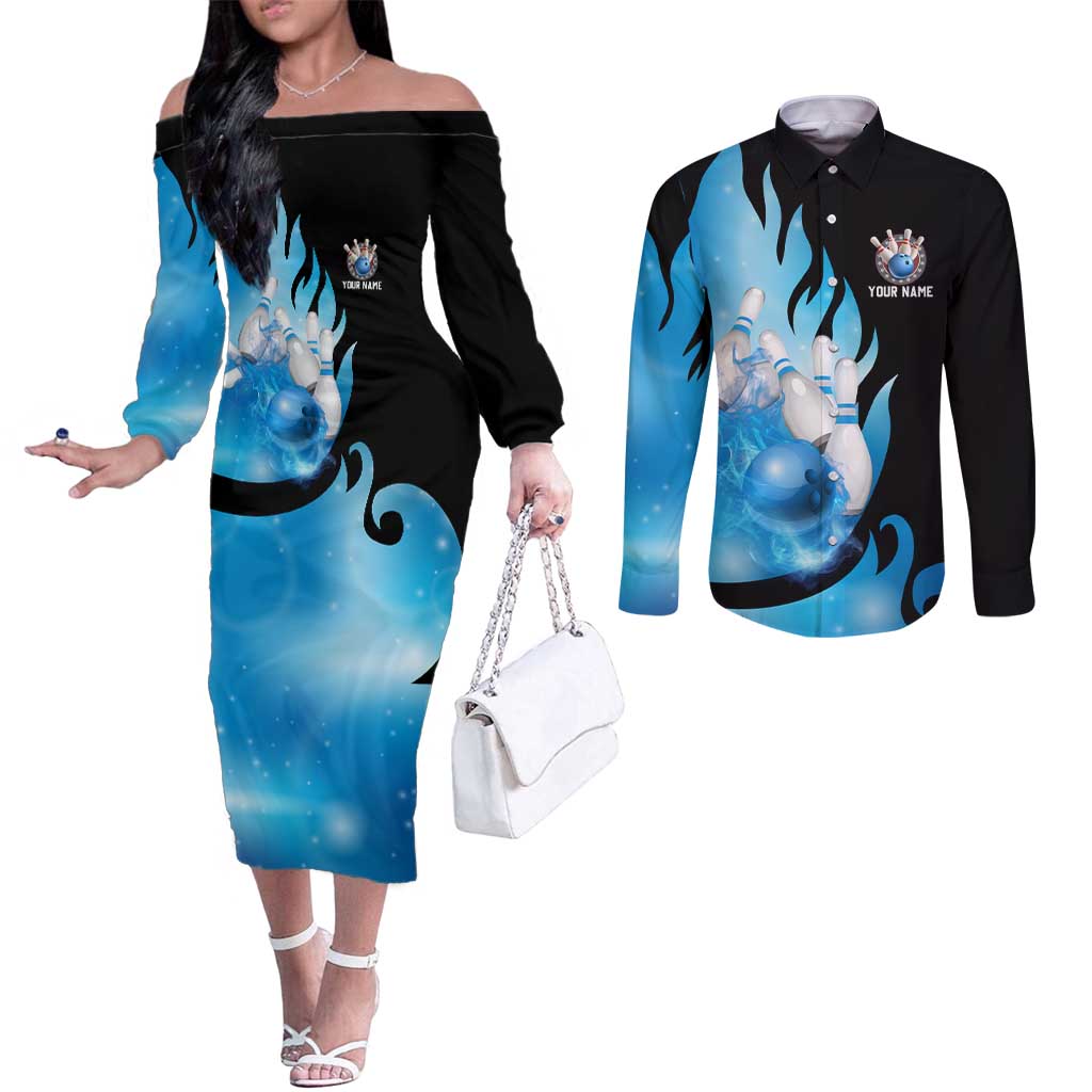 Blue Flame Bowling Ball and Pins Design Couples Matching Off The Shoulder Long Sleeve Dress and Long Sleeve Button Shirt with Smoke Effects and Custom Team Name Text - Wonder Print Shop