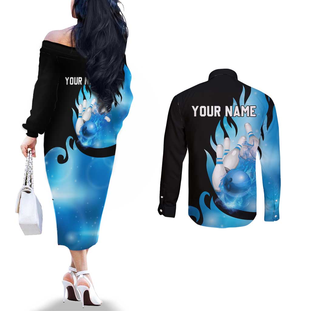 Blue Flame Bowling Ball and Pins Design Couples Matching Off The Shoulder Long Sleeve Dress and Long Sleeve Button Shirt with Smoke Effects and Custom Team Name Text - Wonder Print Shop