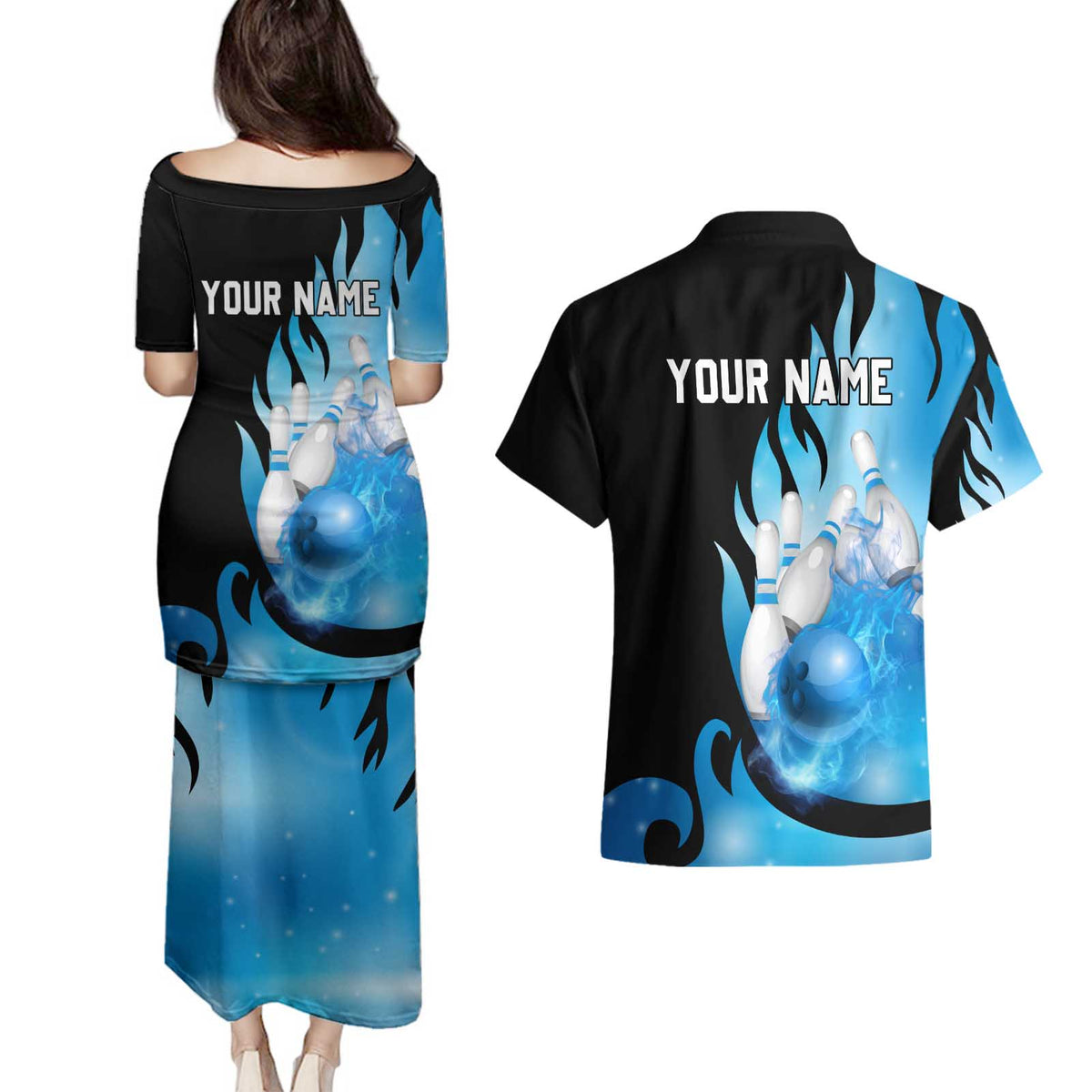Blue Flame Bowling Ball and Pins Design Couples Matching Puletasi and Hawaiian Shirt with Smoke Effects and Custom Team Name Text - Wonder Print Shop