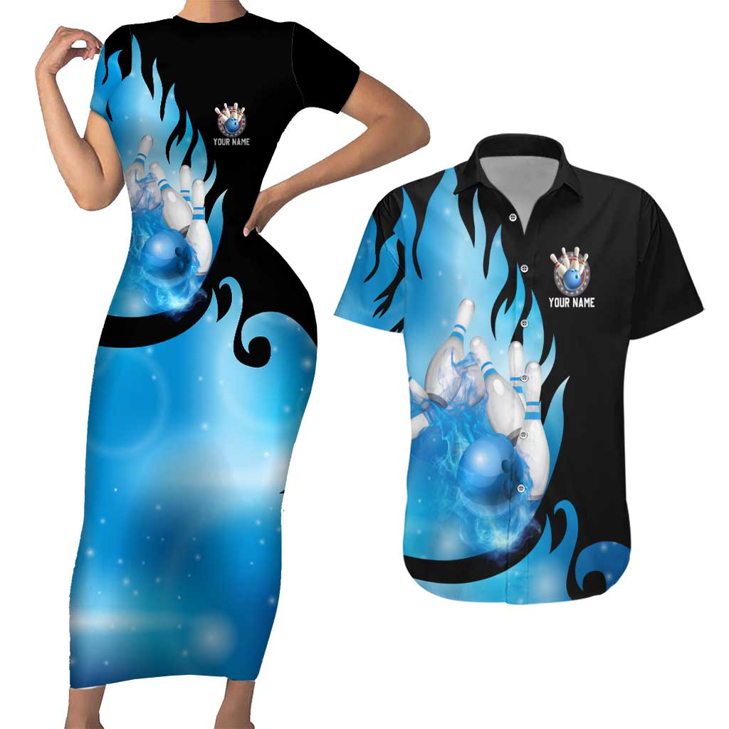 Blue Flame Bowling Ball and Pins Design Couples Matching Short Sleeve Bodycon Dress and Hawaiian Shirt with Smoke Effects and Custom Team Name Text - Wonder Print Shop