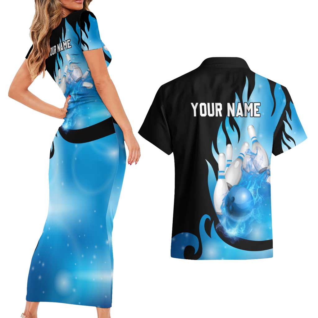 Blue Flame Bowling Ball and Pins Design Couples Matching Short Sleeve Bodycon Dress and Hawaiian Shirt with Smoke Effects and Custom Team Name Text - Wonder Print Shop