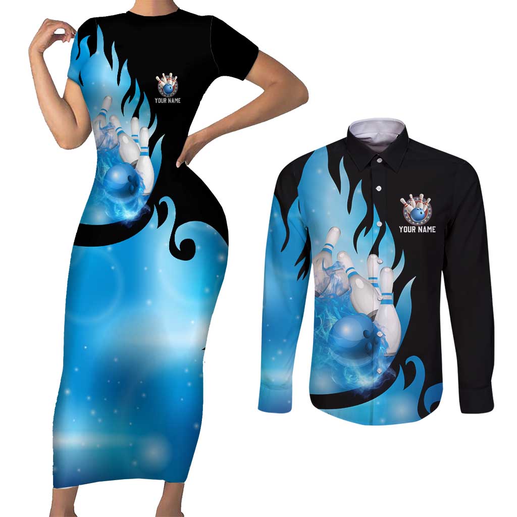 Blue Flame Bowling Ball and Pins Design Couples Matching Short Sleeve Bodycon Dress and Long Sleeve Button Shirt with Smoke Effects and Custom Team Name Text - Wonder Print Shop