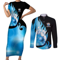 Blue Flame Bowling Ball and Pins Design Couples Matching Short Sleeve Bodycon Dress and Long Sleeve Button Shirt with Smoke Effects and Custom Team Name Text - Wonder Print Shop