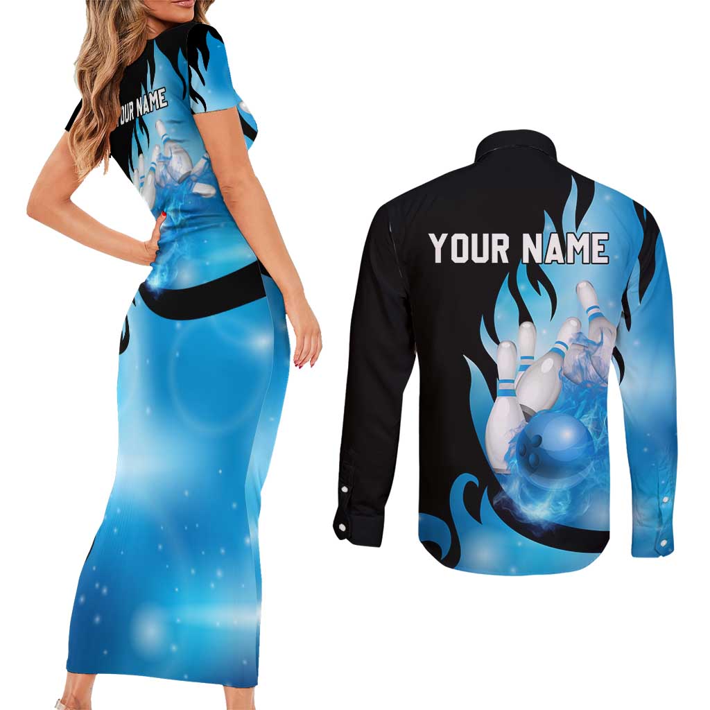 Blue Flame Bowling Ball and Pins Design Couples Matching Short Sleeve Bodycon Dress and Long Sleeve Button Shirt with Smoke Effects and Custom Team Name Text - Wonder Print Shop