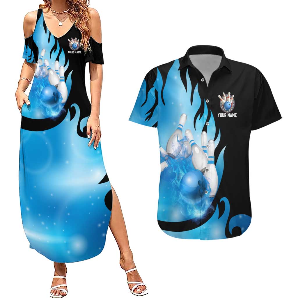 Blue Flame Bowling Ball and Pins Design Couples Matching Summer Maxi Dress and Hawaiian Shirt with Smoke Effects and Custom Team Name Text - Wonder Print Shop