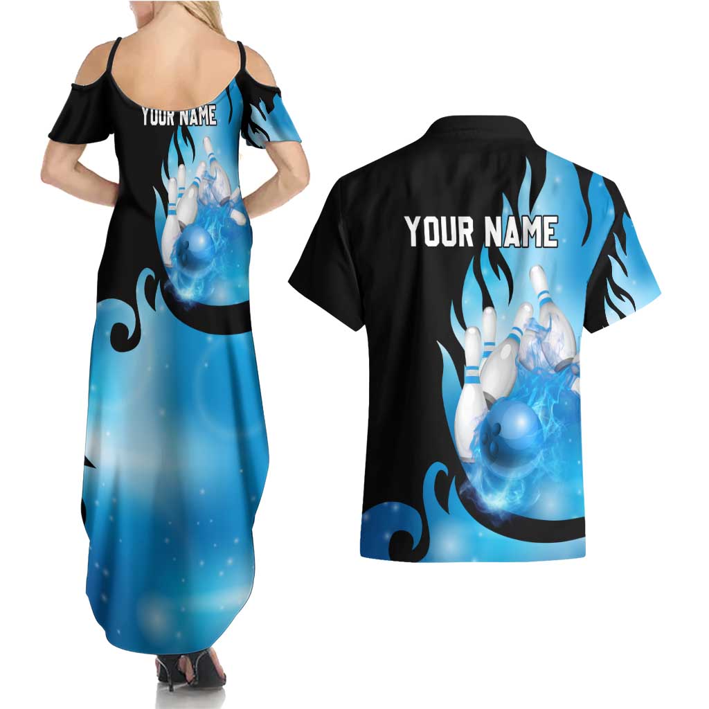Blue Flame Bowling Ball and Pins Design Couples Matching Summer Maxi Dress and Hawaiian Shirt with Smoke Effects and Custom Team Name Text - Wonder Print Shop