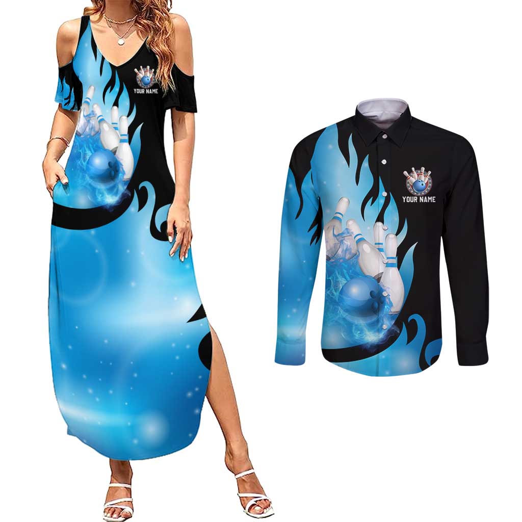 Blue Flame Bowling Ball and Pins Design Couples Matching Summer Maxi Dress and Long Sleeve Button Shirt with Smoke Effects and Custom Team Name Text - Wonder Print Shop