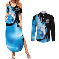 Blue Flame Bowling Ball and Pins Design Couples Matching Summer Maxi Dress and Long Sleeve Button Shirt with Smoke Effects and Custom Team Name Text - Wonder Print Shop