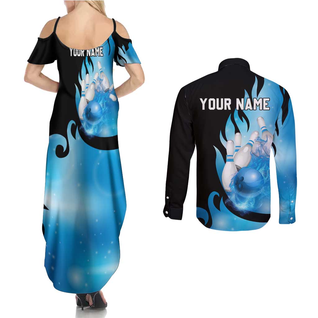 Blue Flame Bowling Ball and Pins Design Couples Matching Summer Maxi Dress and Long Sleeve Button Shirt with Smoke Effects and Custom Team Name Text - Wonder Print Shop