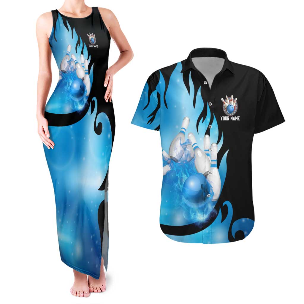 Blue Flame Bowling Ball and Pins Design Couples Matching Tank Maxi Dress and Hawaiian Shirt with Smoke Effects and Custom Team Name Text - Wonder Print Shop