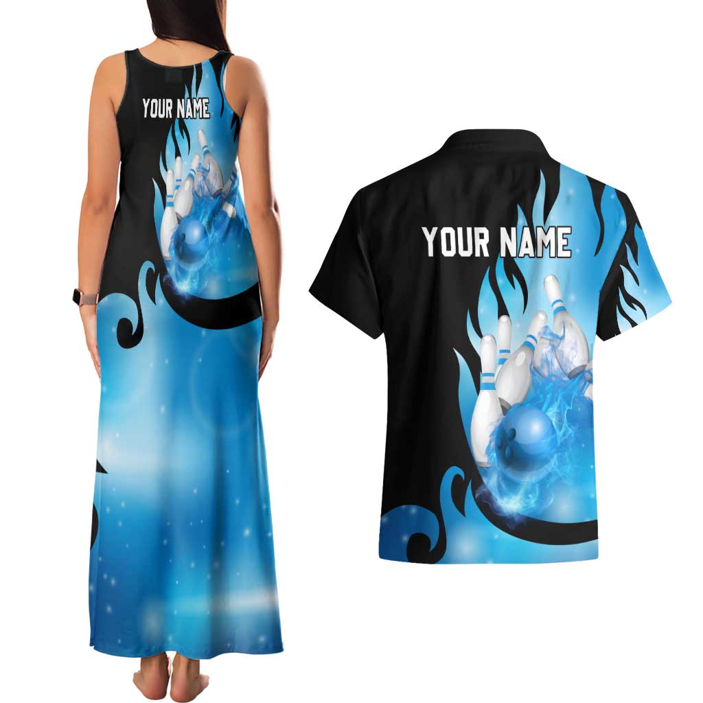 Blue Flame Bowling Ball and Pins Design Couples Matching Tank Maxi Dress and Hawaiian Shirt with Smoke Effects and Custom Team Name Text - Wonder Print Shop