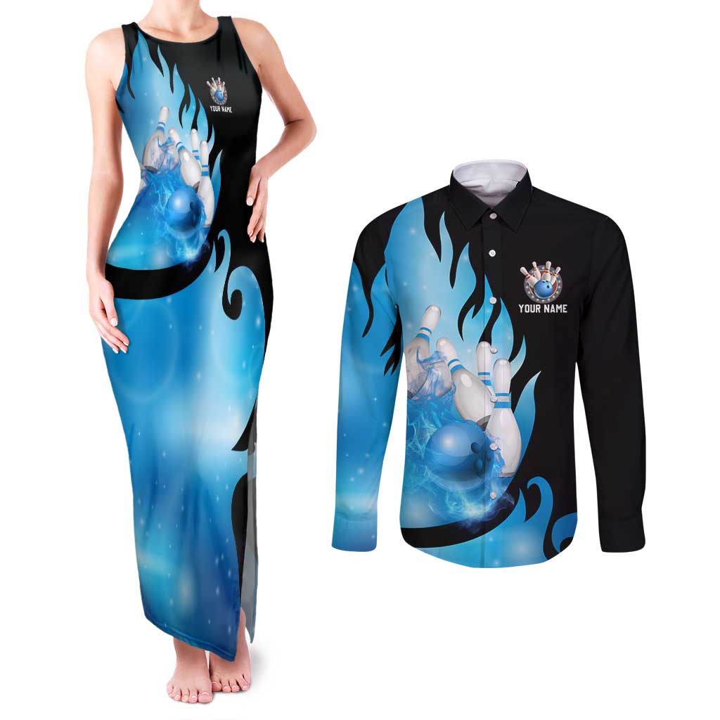 Blue Flame Bowling Ball and Pins Design Couples Matching Tank Maxi Dress and Long Sleeve Button Shirt with Smoke Effects and Custom Team Name Text - Wonder Print Shop