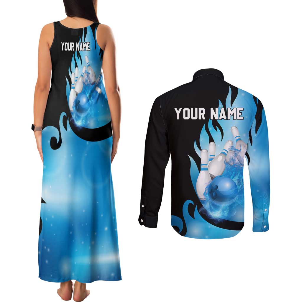 Blue Flame Bowling Ball and Pins Design Couples Matching Tank Maxi Dress and Long Sleeve Button Shirt with Smoke Effects and Custom Team Name Text - Wonder Print Shop