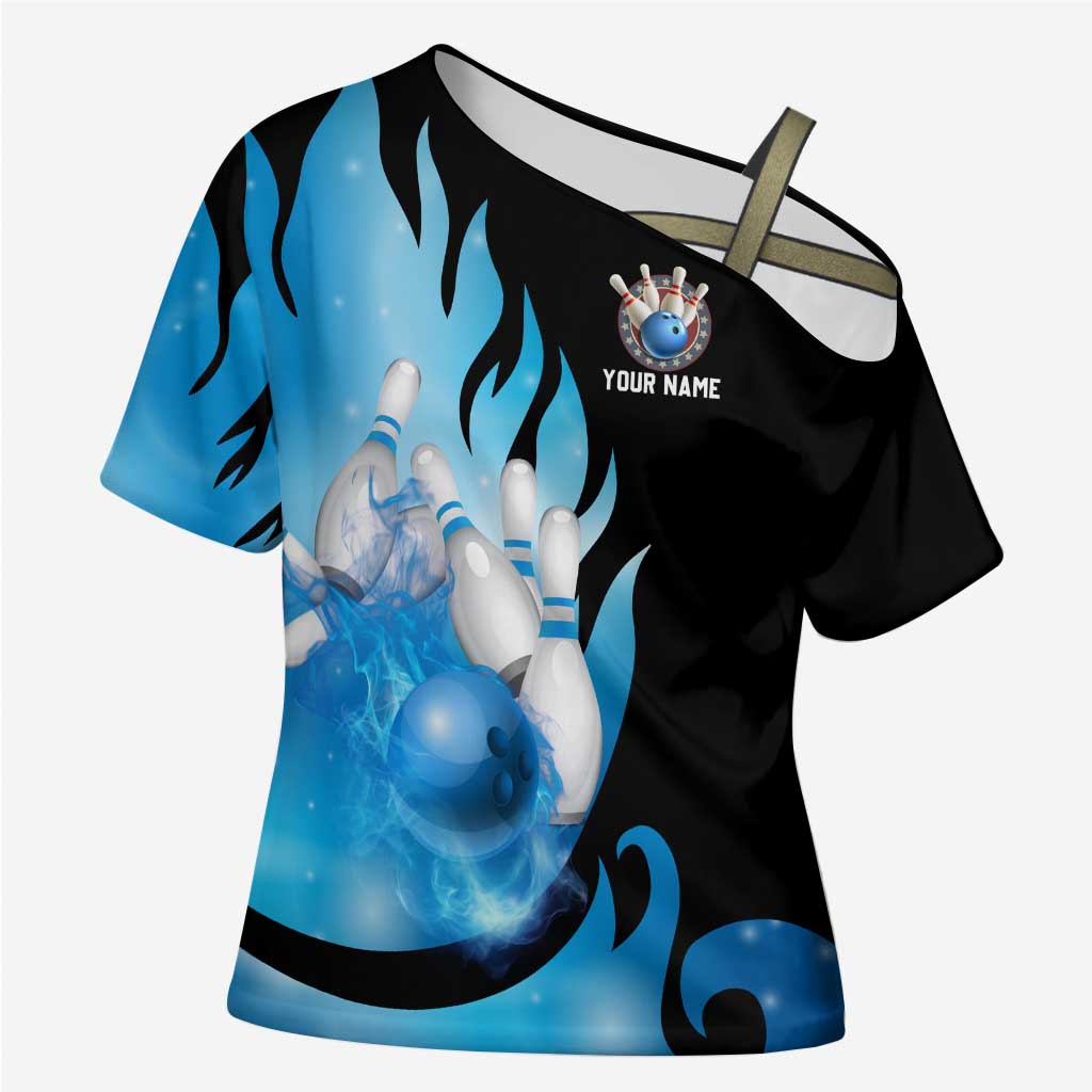 Blue Flame Bowling Ball and Pins Design Cross Shoulder Shirt with Smoke Effects and Custom Team Name Text - Wonder Print Shop
