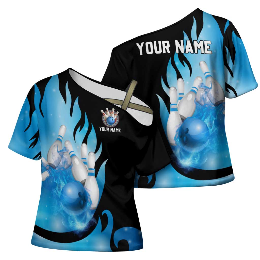 Blue Flame Bowling Ball and Pins Design Cross Shoulder Shirt with Smoke Effects and Custom Team Name Text - Wonder Print Shop