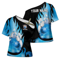 Blue Flame Bowling Ball and Pins Design Cross Shoulder Shirt with Smoke Effects and Custom Team Name Text - Wonder Print Shop