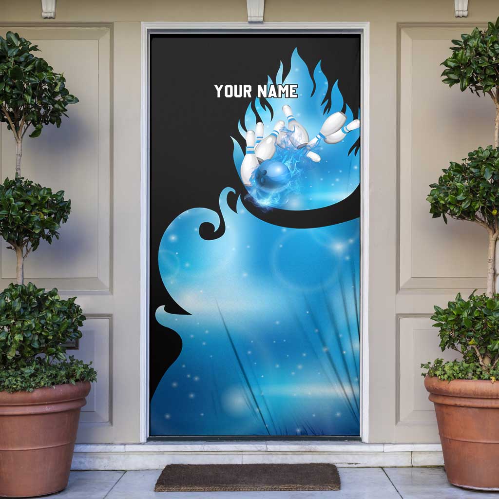 Blue Flame Bowling Ball and Pins Design Door Cover with Smoke Effects and Custom Team Name Text - Wonder Print Shop