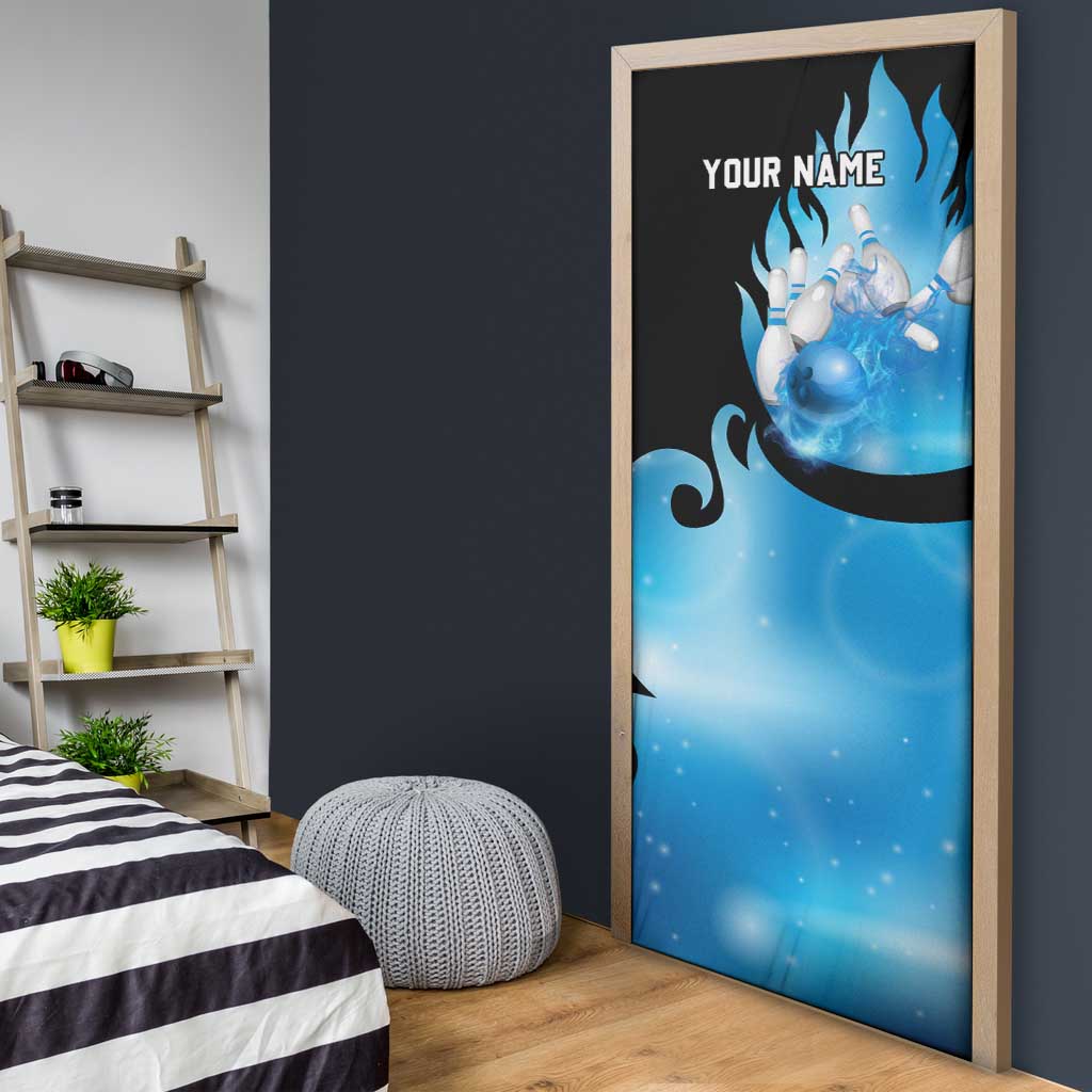 Blue Flame Bowling Ball and Pins Design Door Cover with Smoke Effects and Custom Team Name Text - Wonder Print Shop