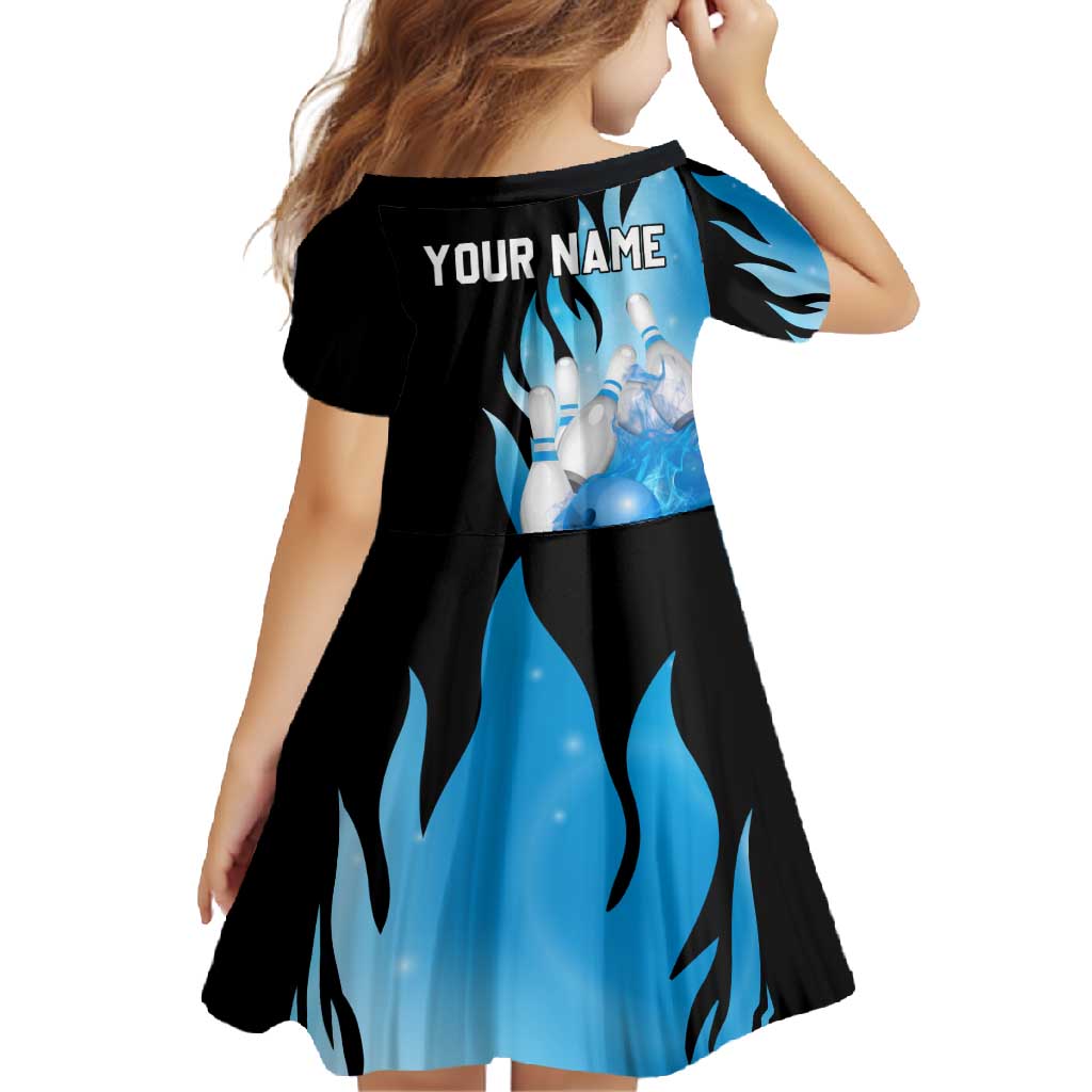 Blue Flame Bowling Ball and Pins Design Family Matching Long Sleeve Bodycon Dress and Hawaiian Shirt with Smoke Effects and Custom Team Name Text - Wonder Print Shop