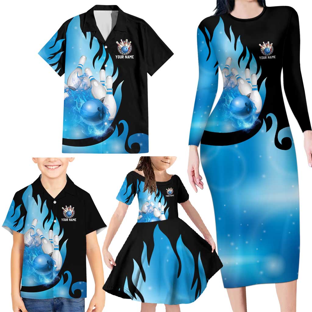 Blue Flame Bowling Ball and Pins Design Family Matching Long Sleeve Bodycon Dress and Hawaiian Shirt with Smoke Effects and Custom Team Name Text - Wonder Print Shop