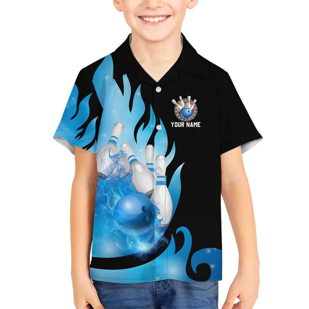 Blue Flame Bowling Ball and Pins Design Family Matching Long Sleeve Bodycon Dress and Hawaiian Shirt with Smoke Effects and Custom Team Name Text - Wonder Print Shop