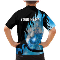 Blue Flame Bowling Ball and Pins Design Family Matching Mermaid Dress and Hawaiian Shirt with Smoke Effects and Custom Team Name Text - Wonder Print Shop