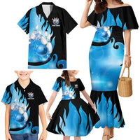 Blue Flame Bowling Ball and Pins Design Family Matching Mermaid Dress and Hawaiian Shirt with Smoke Effects and Custom Team Name Text - Wonder Print Shop