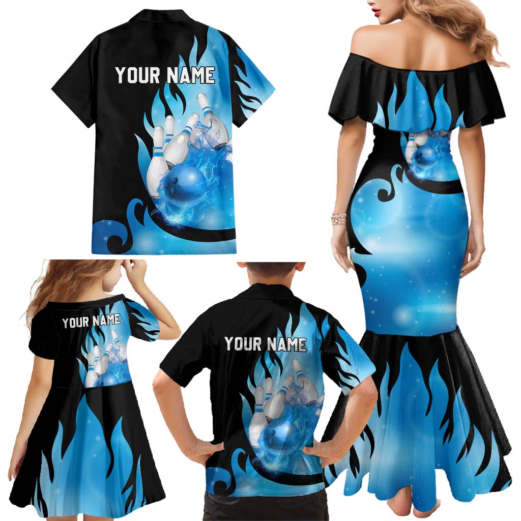 Blue Flame Bowling Ball and Pins Design Family Matching Mermaid Dress and Hawaiian Shirt with Smoke Effects and Custom Team Name Text - Wonder Print Shop
