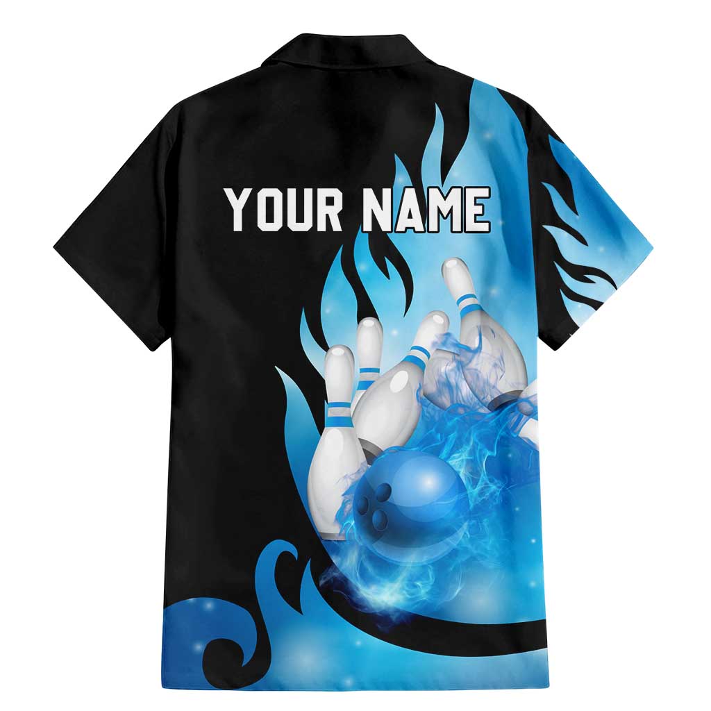 Blue Flame Bowling Ball and Pins Design Family Matching Mermaid Dress and Hawaiian Shirt with Smoke Effects and Custom Team Name Text - Wonder Print Shop