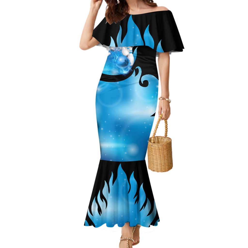 Blue Flame Bowling Ball and Pins Design Family Matching Mermaid Dress and Hawaiian Shirt with Smoke Effects and Custom Team Name Text - Wonder Print Shop