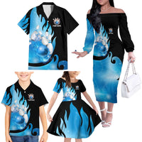 Blue Flame Bowling Ball and Pins Design Family Matching Off The Shoulder Long Sleeve Dress and Hawaiian Shirt with Smoke Effects and Custom Team Name Text - Wonder Print Shop