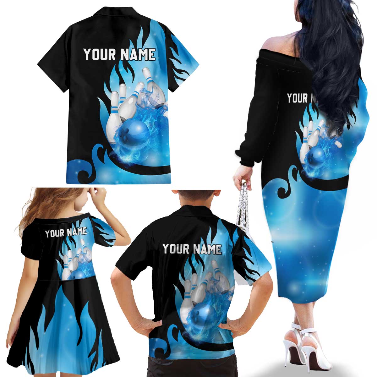 Blue Flame Bowling Ball and Pins Design Family Matching Off The Shoulder Long Sleeve Dress and Hawaiian Shirt with Smoke Effects and Custom Team Name Text - Wonder Print Shop